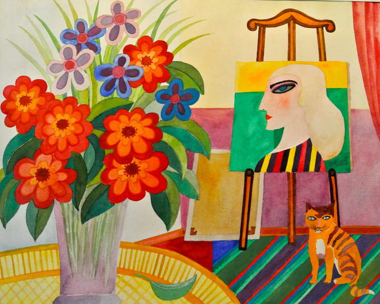 Hajo Malek Interior Art - Atelier in Blumen,  Studio with Floral Bouquet and Cat