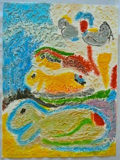 Israeli Modernist Textured Painting on Cast Paper Sheep