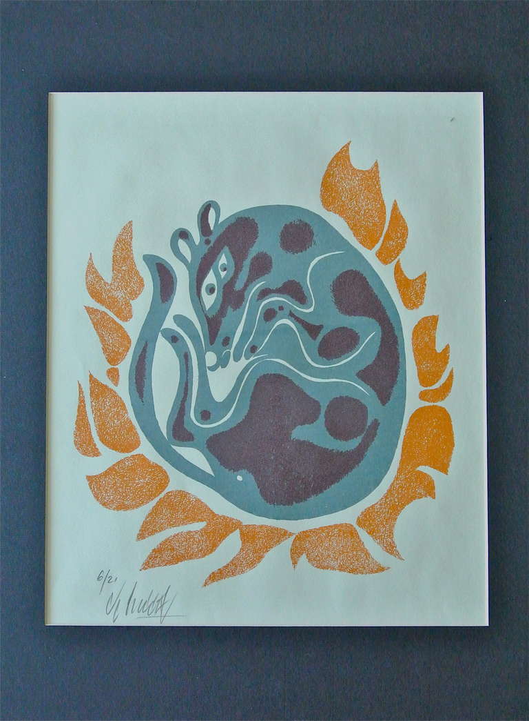 Original serigraph silkscreen prints by German/Canadian expressionist
Yargo de Lucca (1925-2008) from the “Canada Suite” series, a 
hand-signed and numbered Inuit-inspired silkscreen prints depicting an Abstract Surrealist depiction of Canadian