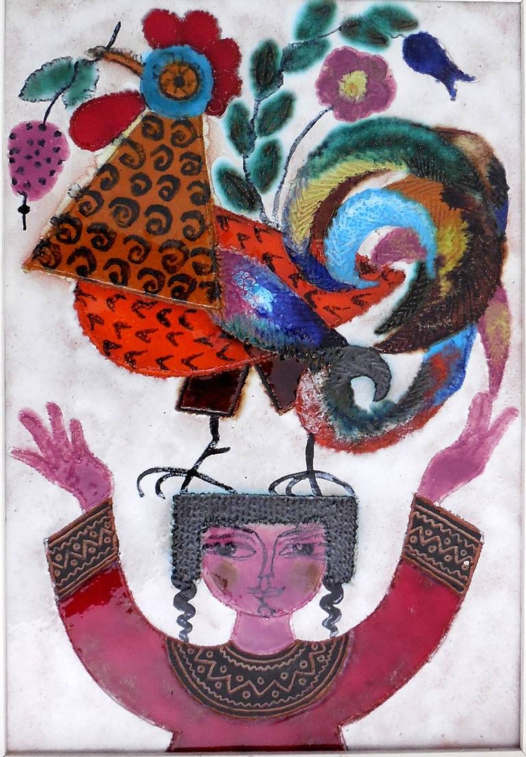 Girl with Rooster, Enamel Glazed Ceramic Plaque - Painting by Irene Awret
