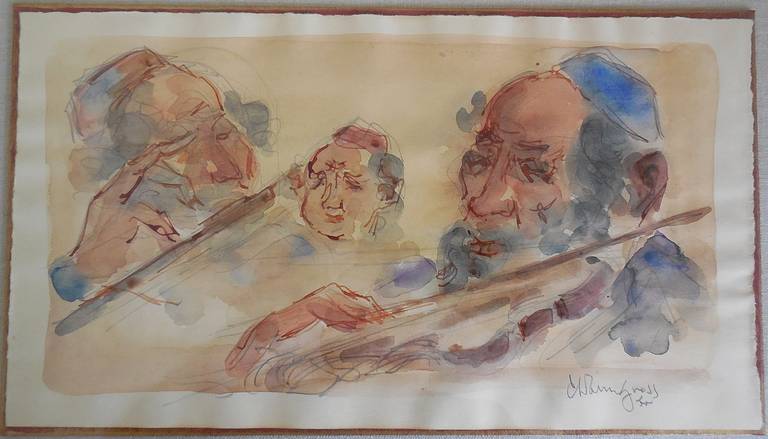 Jewish Klezmer Musicians, Judaica watercolor - Brown Figurative Art by Chaim Gross