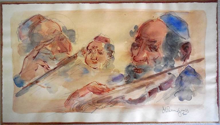 Jewish Klezmer Musicians, Judaica watercolor - Art by Chaim Gross