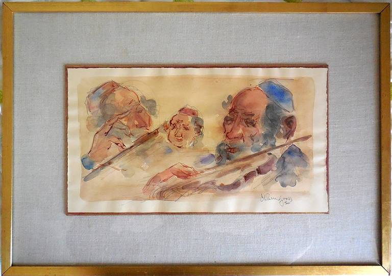 Chaim Gross Figurative Art - Jewish Klezmer Musicians, Judaica watercolor