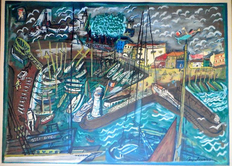 Ludwig Bemelmans Landscape Print - Isle D'Yeau, Harbour Scene, France