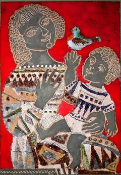 Enamel Glazed Ceramic Plaque Mother and Child