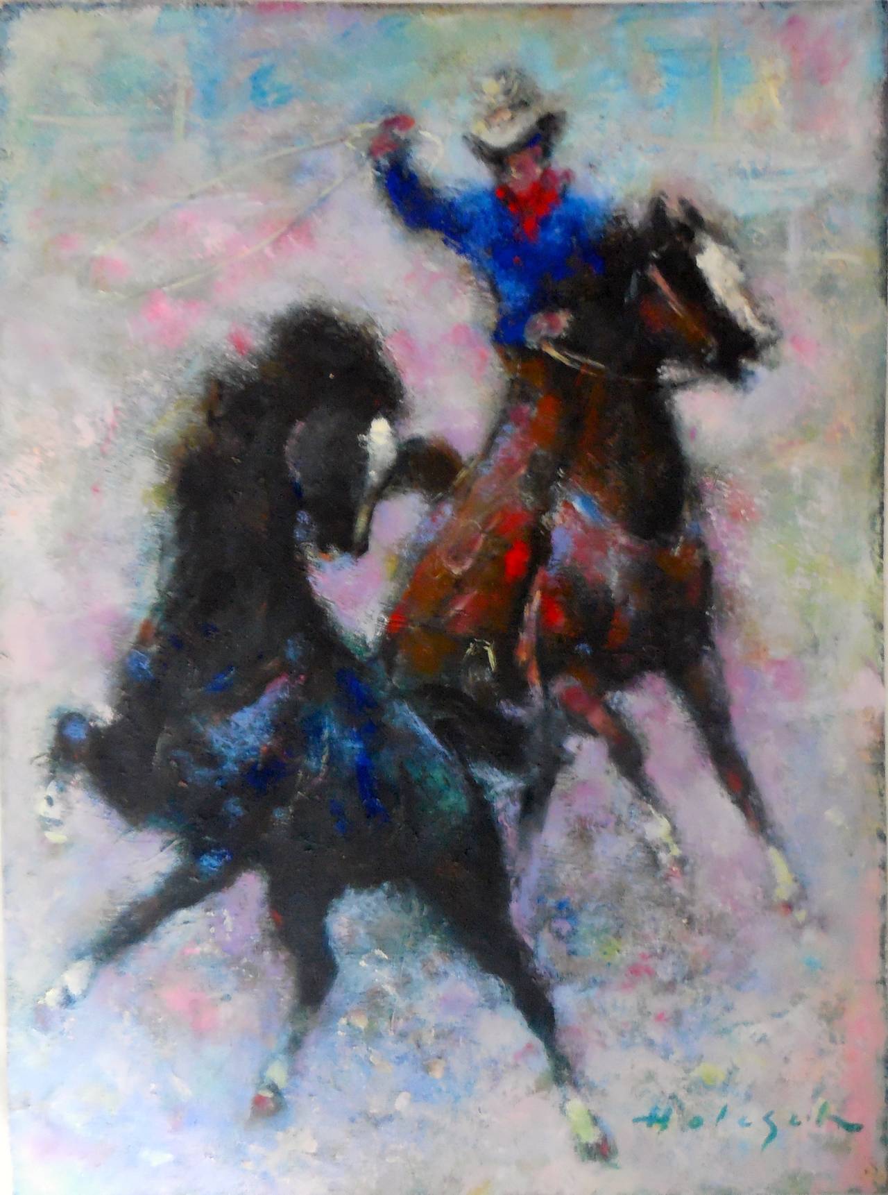 Denes De Holesch Figurative Painting - Western Scene (Cowboy on Horseback)