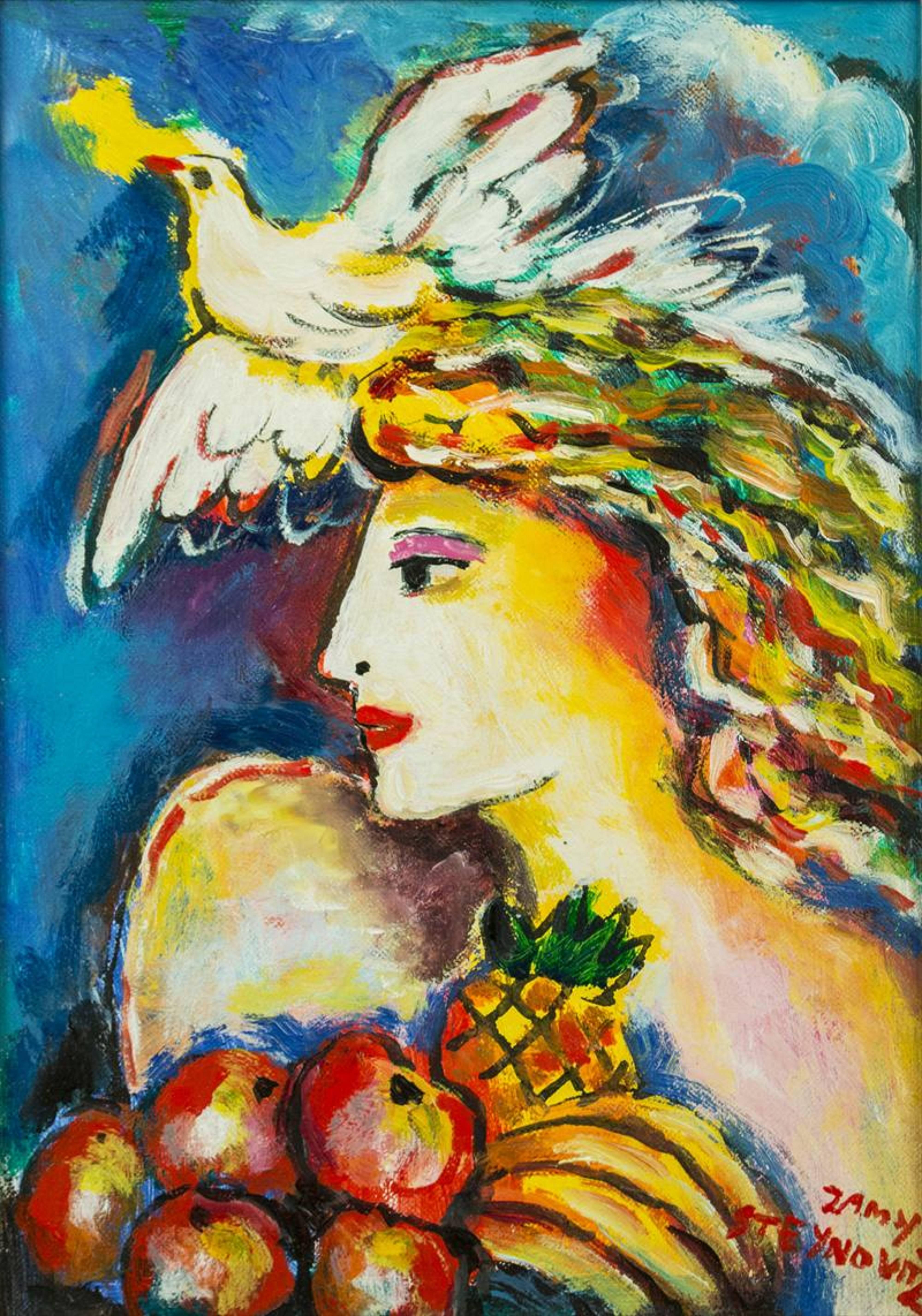 Zammy Steynovitz Figurative Painting - Dove of Peace, Bounty of Fruit Original Oil by Zamy Steynovitz