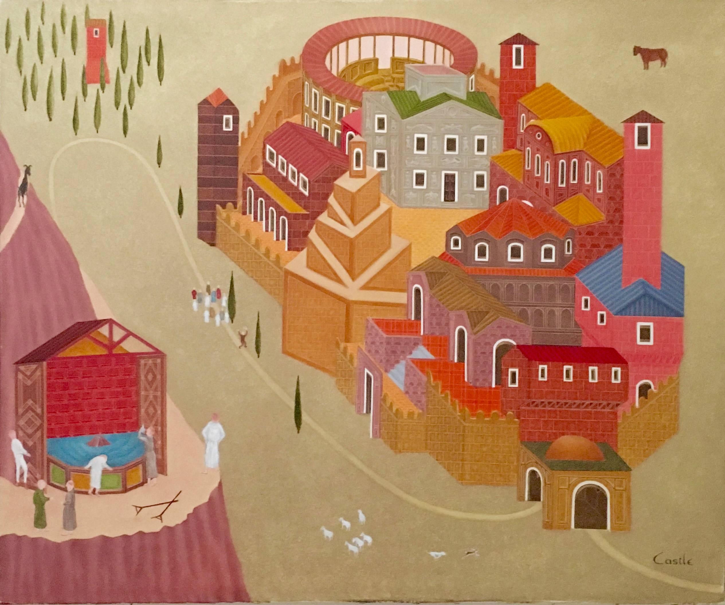 Philip Castle  Landscape Painting - Fantastic Village Scene Modern Irish Magic Realism Oil Painting