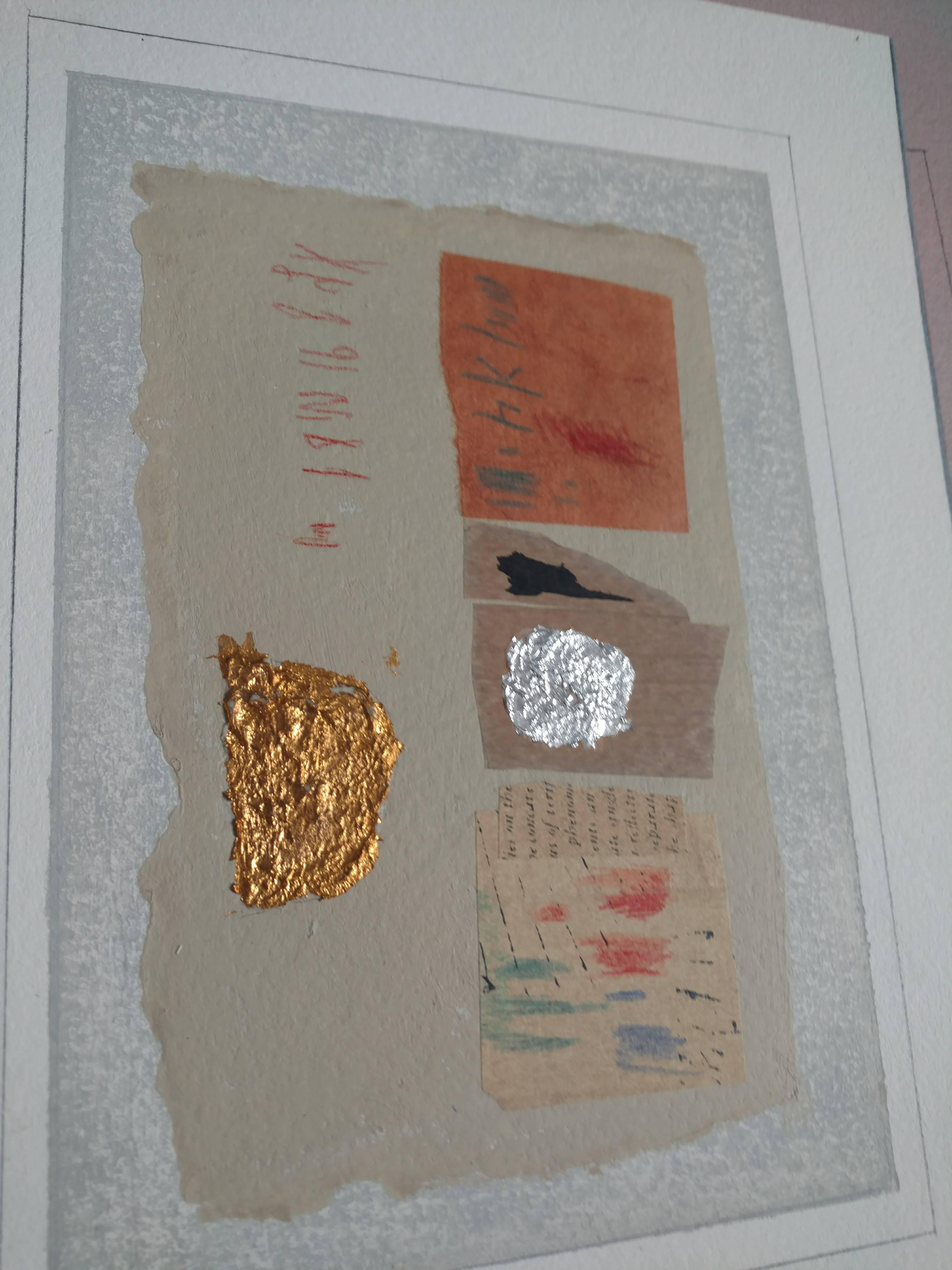 Mixed Media Abstract Collage, Gold leaf, silver lear, torn paper, drawings and painting.
Enid Munroe is an artist and teacher who is well known regionally for her paintings, works on paper and assemblage series. She has been included in numerous