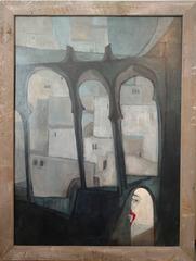 Large Surrealist Symbolist Painting, Peeking Child, Moorish Architectural Arches