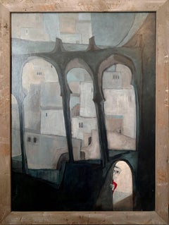 Large Surrealist Symbolist Painting, Peeking Child, Moorish Architectural Arches