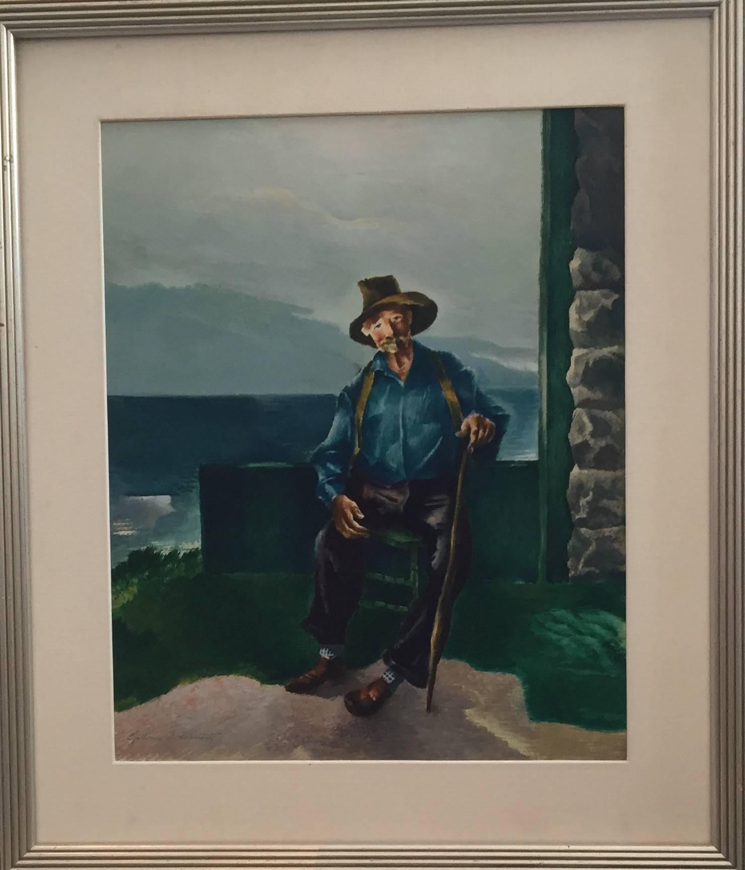 Portrait of an Old Man with Cane, Important Chicago Modernist WPA Artist - Painting by William S. Schwartz