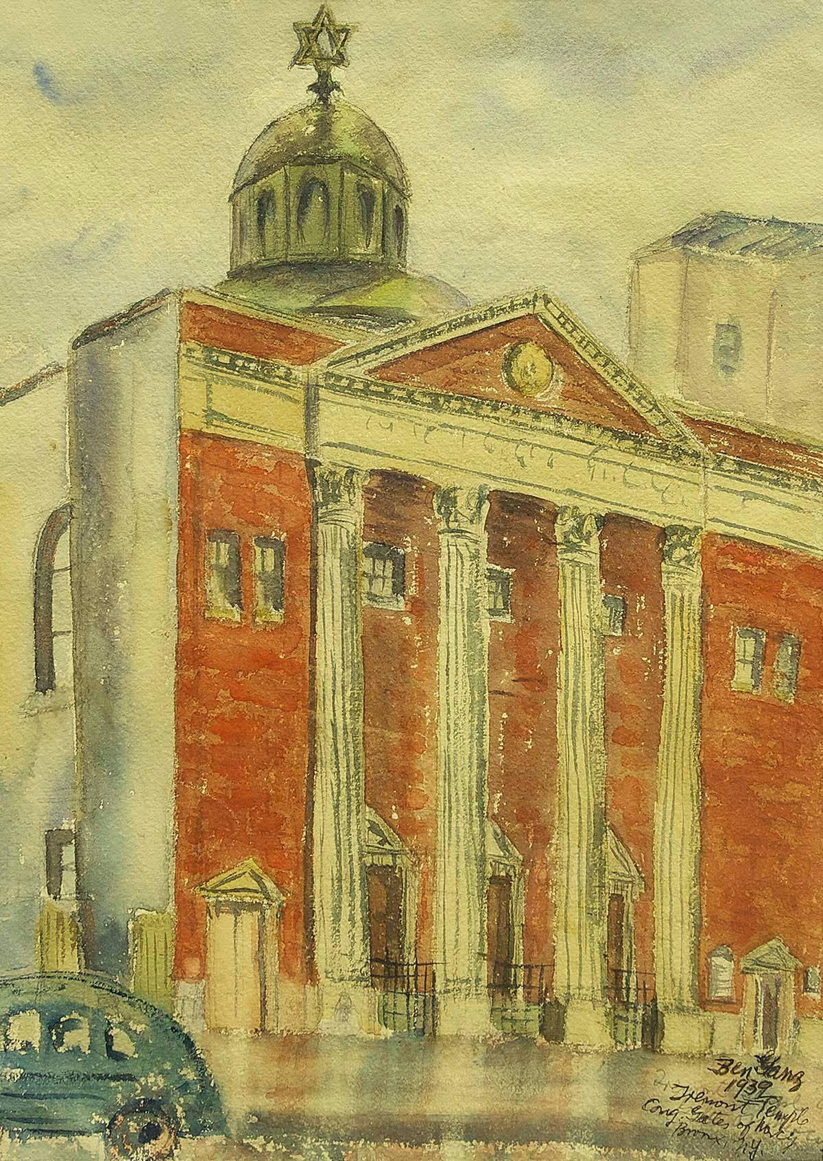 1930's Tremont Temple, Judaica Watercolor, Bronx New York City - Art by Ben Ganz