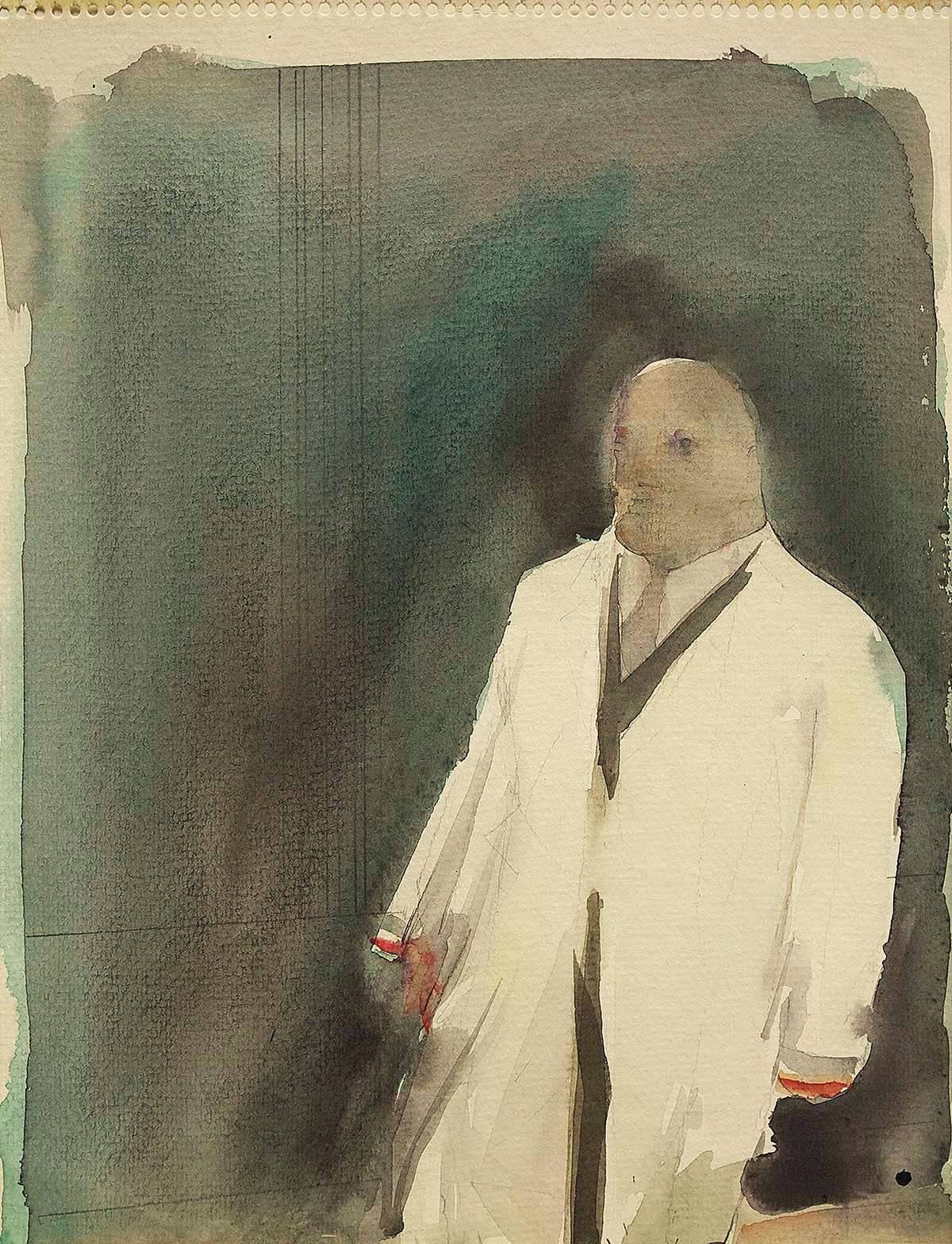 Man in Raincoat, Vintage Modern Watercolor Painting - Art by John Dobbs