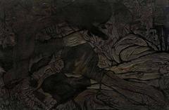 "Boxing", Vintage Carved Woodblock Relief Sculpture