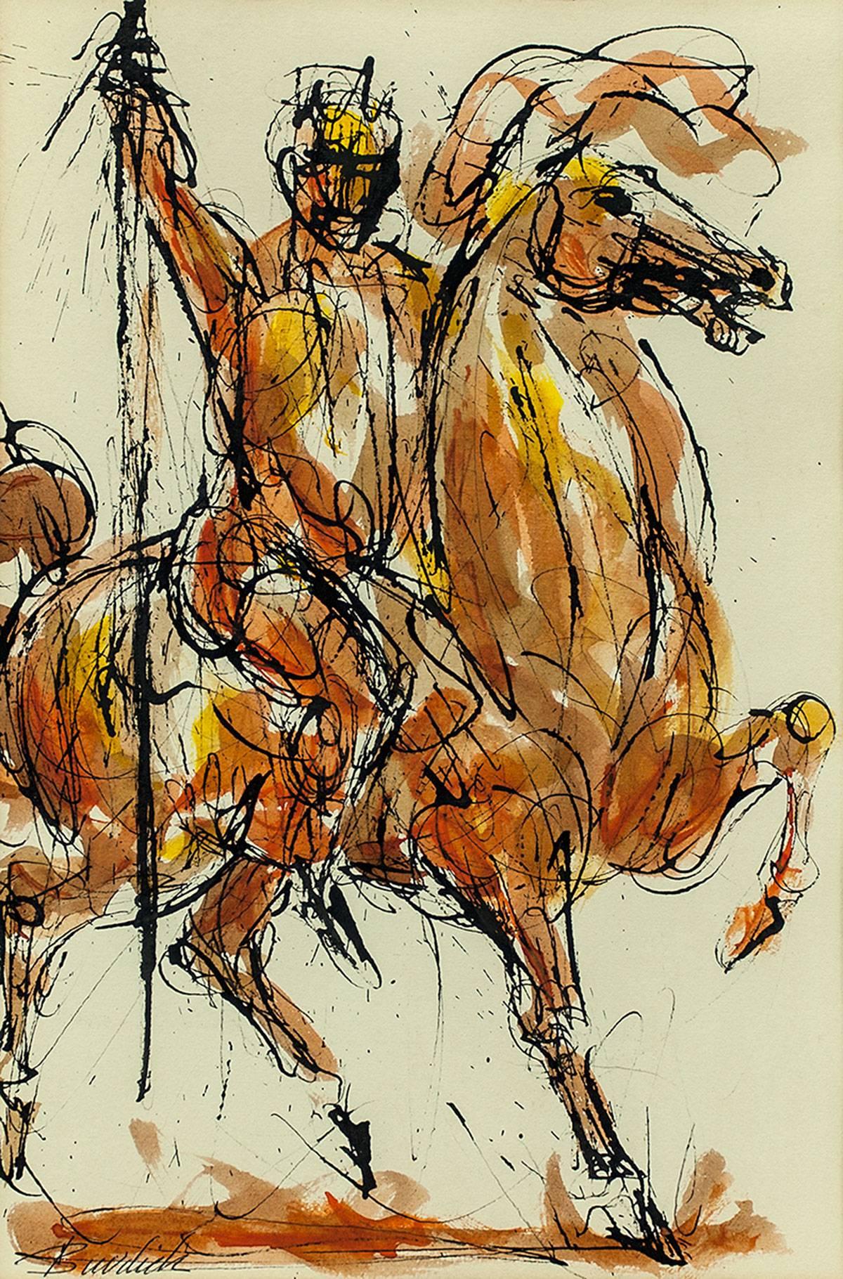 Untitled, Horse Rider, Original Ink and Watercolor - Art by Charles Burdick