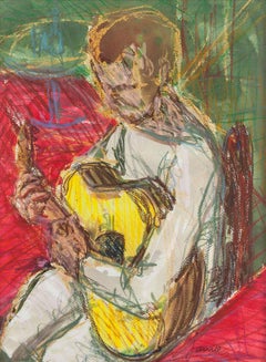 Vintage Portrait of Guitar Player, Pastel on Paper