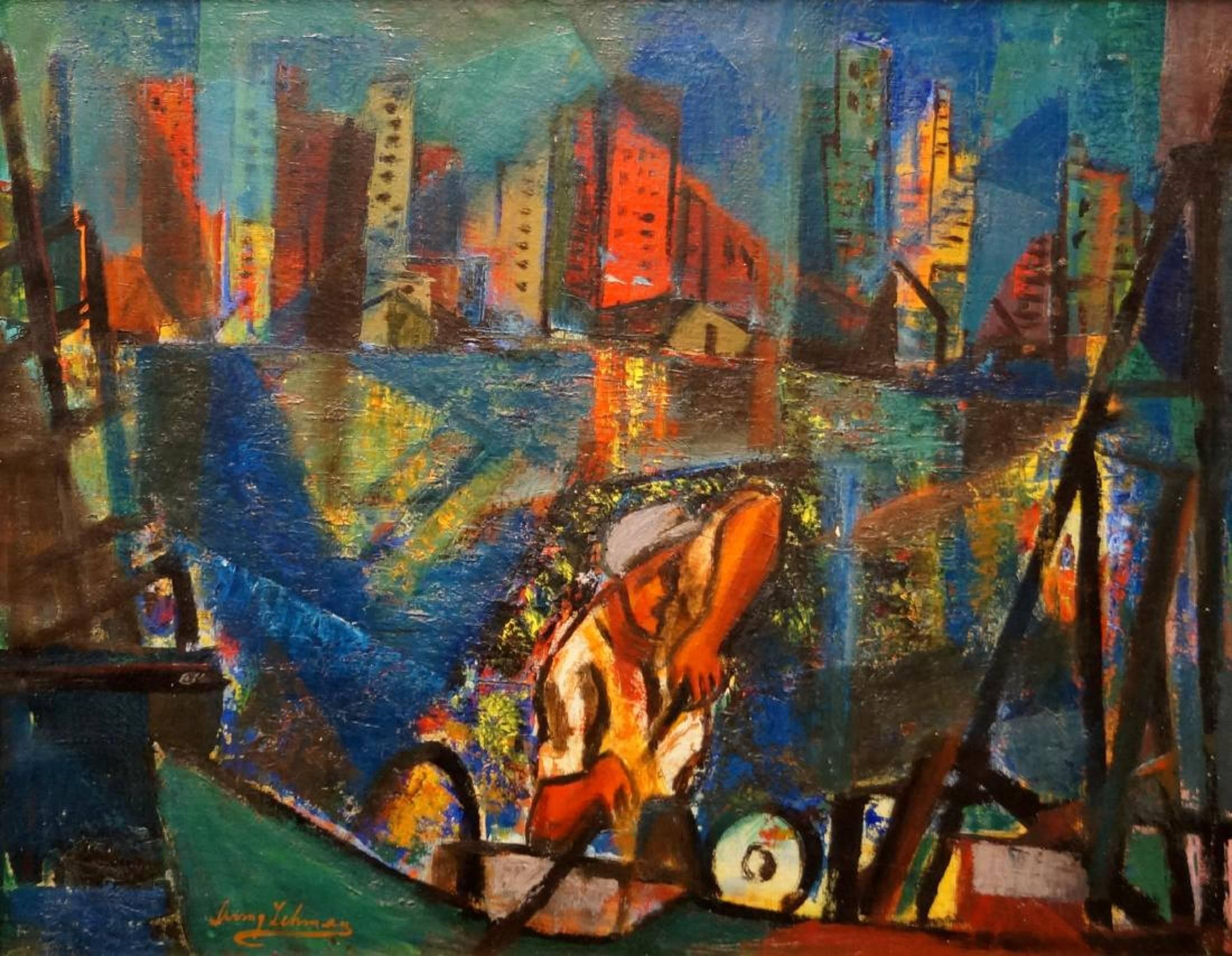 Constructivist Steelworker, Rare WPA oil painting, Manhattan NYC - Painting by Irving George Lehman