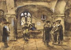 Intérieur d'une Synagogue, dessin de judaïde, aquarelle, gouache