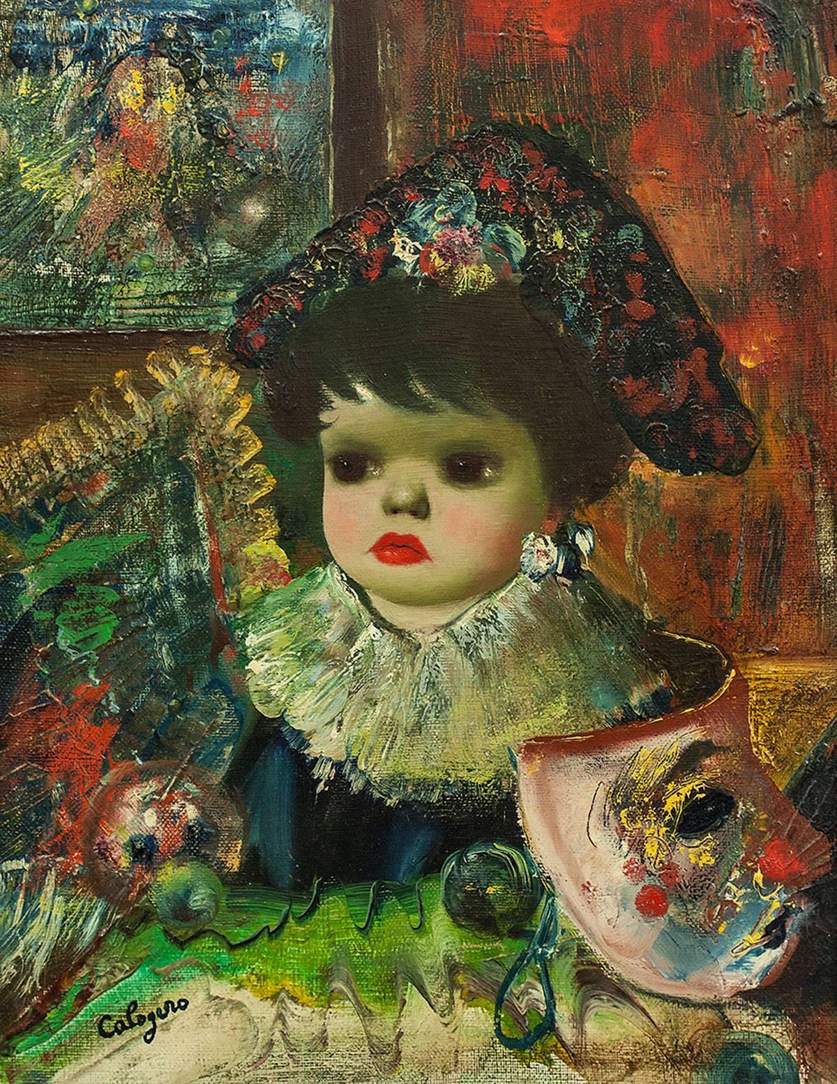 L'Enfant, Colorful Surrealist Child with Venice Carnevale Masque - Painting by Jean Calogero