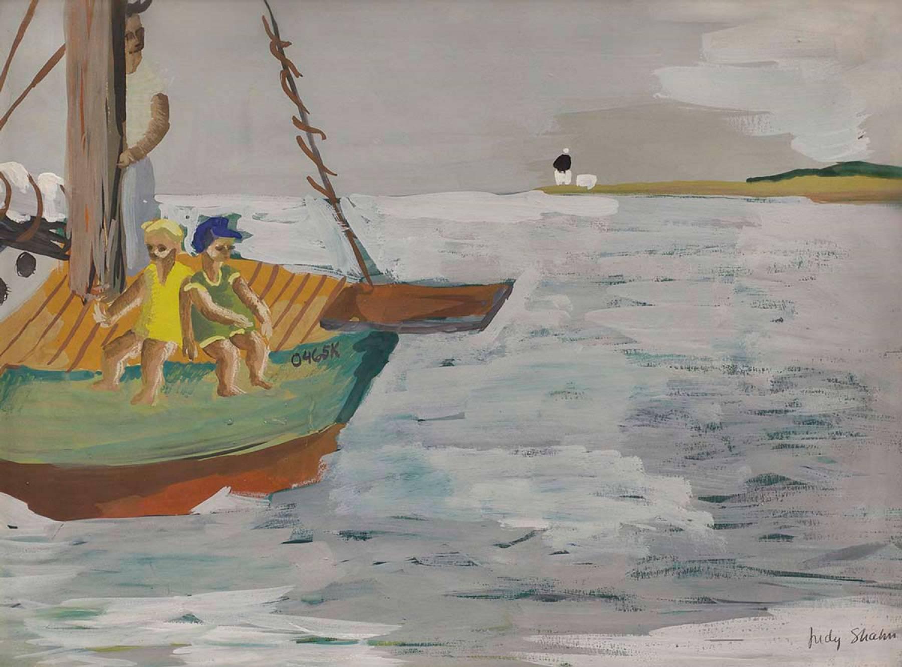 Girls on a Boat, Gouache on Paper - Painting by Judith Shahn
