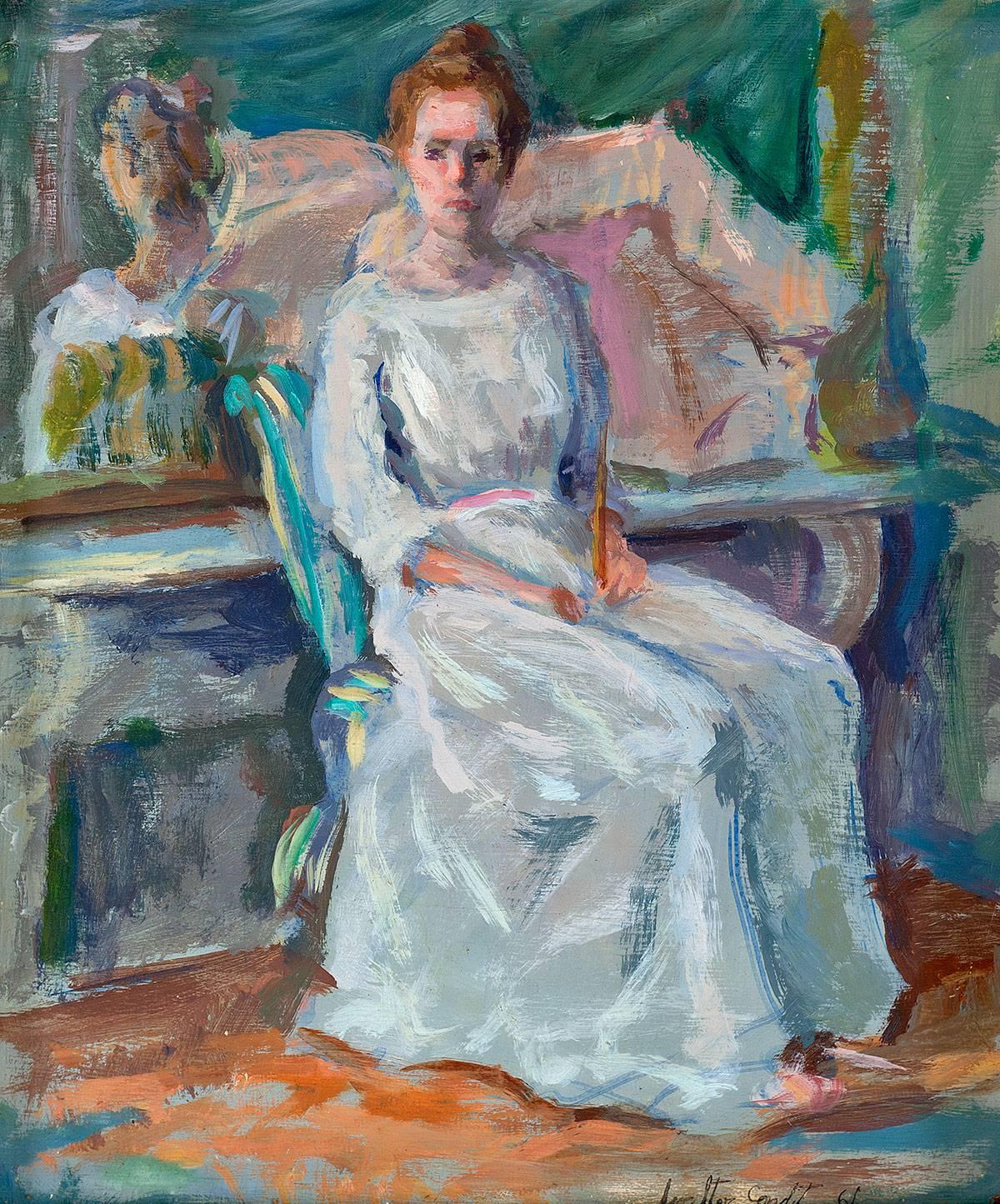 painting of woman sitting in chair