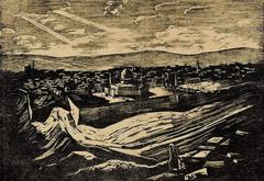 Jerusalem, Temple Mount from Mount of Olives Color Woodcut Israeli Early Bezalel