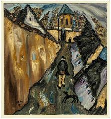Village Scene, Strolling Figure, Abstract Impressionist Painting