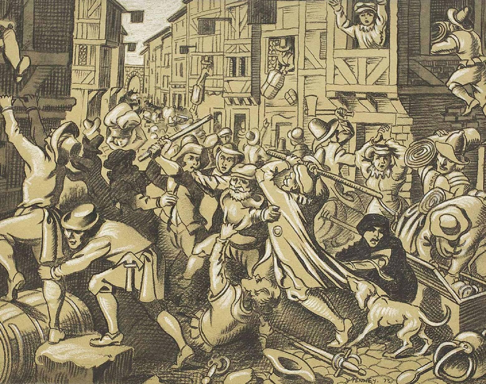 Plunder at the Jewish Ghetto, Chalk and Charcoal 'Progrom' Drawing - Art by Victor E. Penney