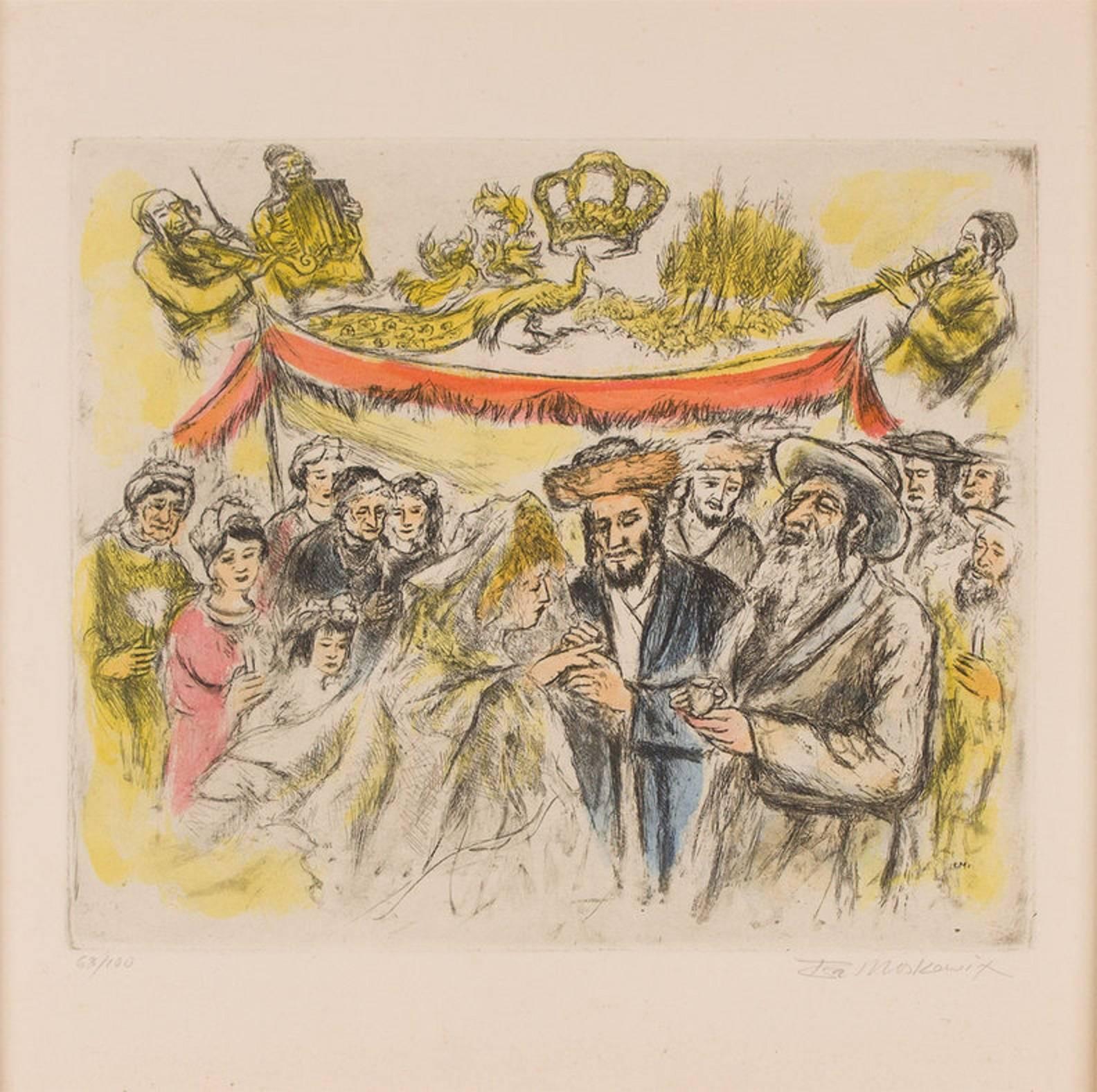 Judaica Etching Chassidic Wedding Chuppah, Hand Watercolor - Print by Ira Moskowitz