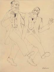 Two Jewish Men Dancing, Modernist Judaica Drawing