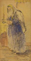 Rabbi At Prayer, Vintage Judaica Ink and Watercolor, 1935