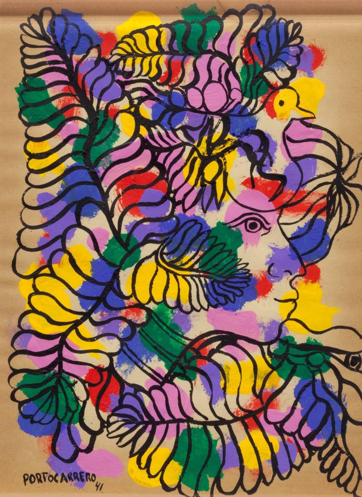 Untitled Colorful Figure with Bird - Painting by René Portocarrero
