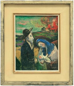 Homeless Jewish Refugee Family 1940s Judaica Oil Painting