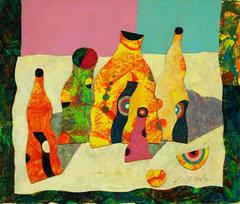 Mixed Media Mod Bottles with Targets, Avant Garde Painting