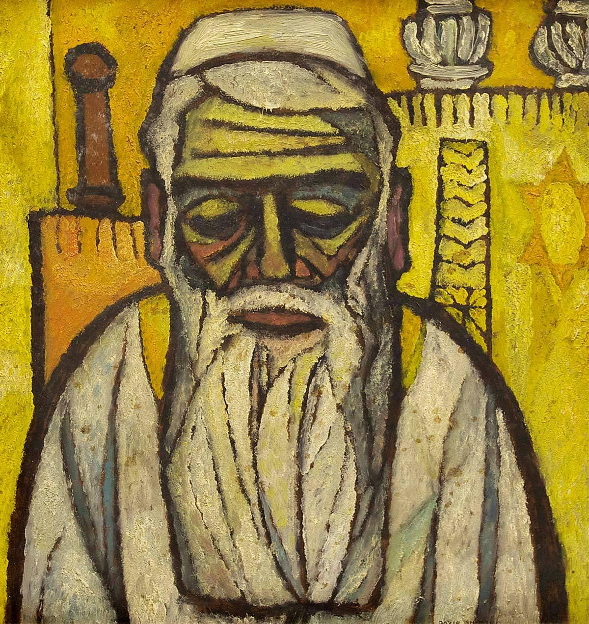 Rabbi at Synagogue Mid Century Modern Judaica Painting - Brown Portrait Painting by David Shapiro