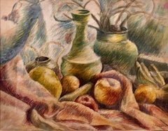Rare Polish Modernist 1922 Fruit and Vase Still Life Painting