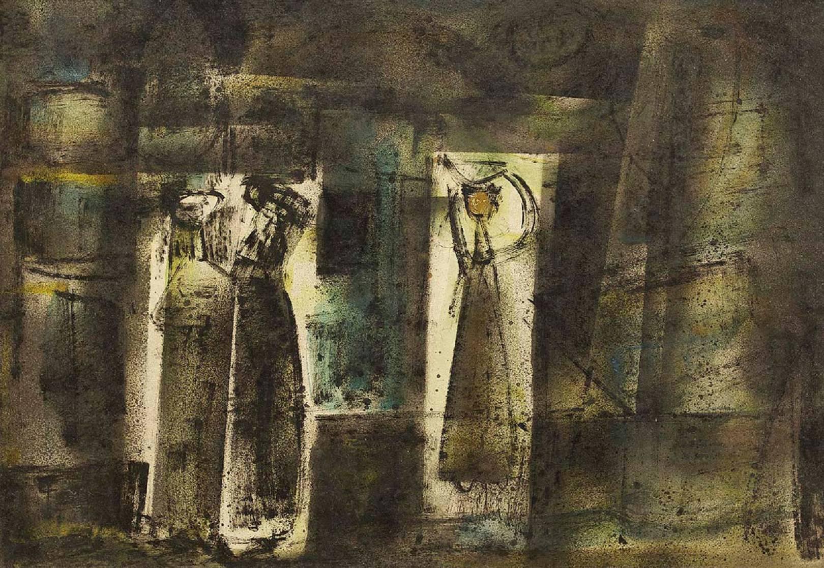 Abstract Composition with Figures Israeli Mid Century Modernist - Painting by Stefan Alexander