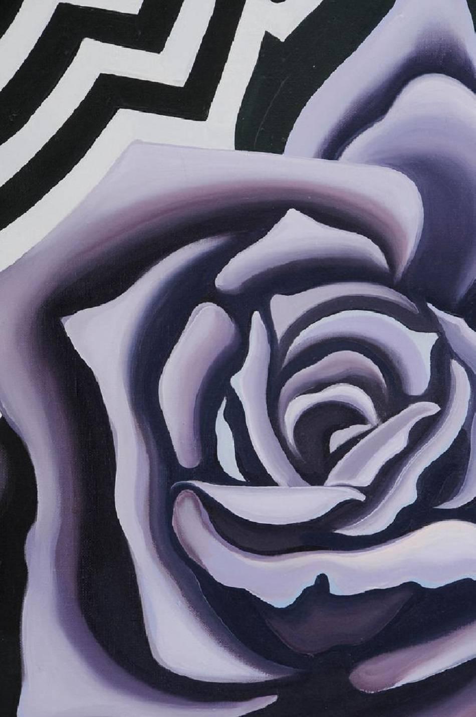 Zwei violette Rosen 1974, Op Art Floral Öl auf Leinwand Gemälde – Painting von Lowell Nesbitt