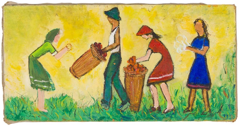 Kibbutz Pioneers at Harvest,  Early Israeli Oil Painting - Yellow Figurative Painting by Unknown