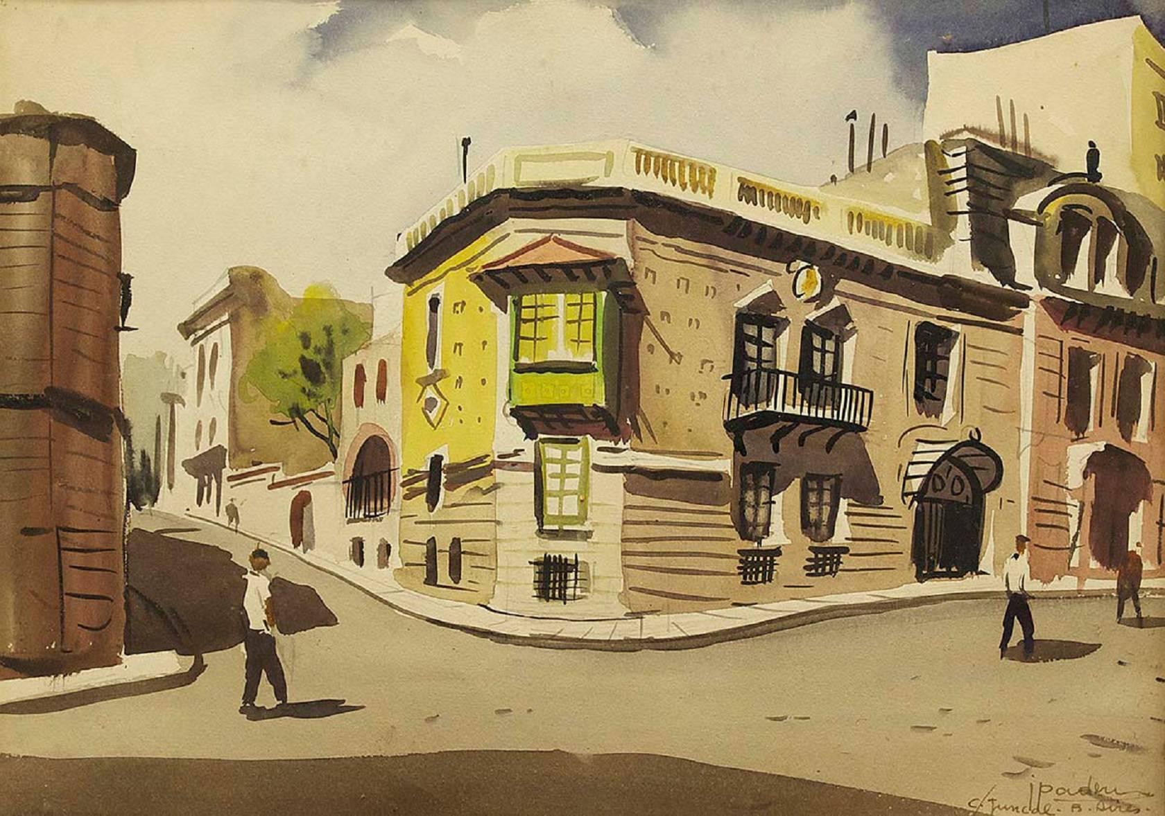 Calle Juncal, Buenos Aires, Argentina Scenic Street Scene Watercolor - Art by Joan Padern Faig