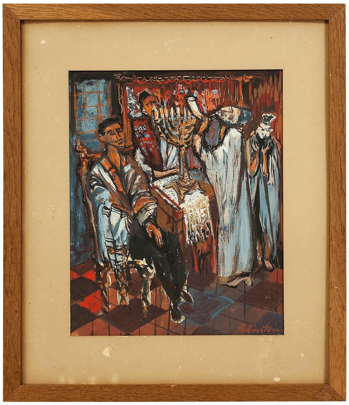 Rare Judaica Synagogue Service with Shofar - Painting by Norman Rubington