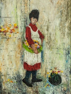 Woman in Apron with Basket of Flowers, Oil Painting