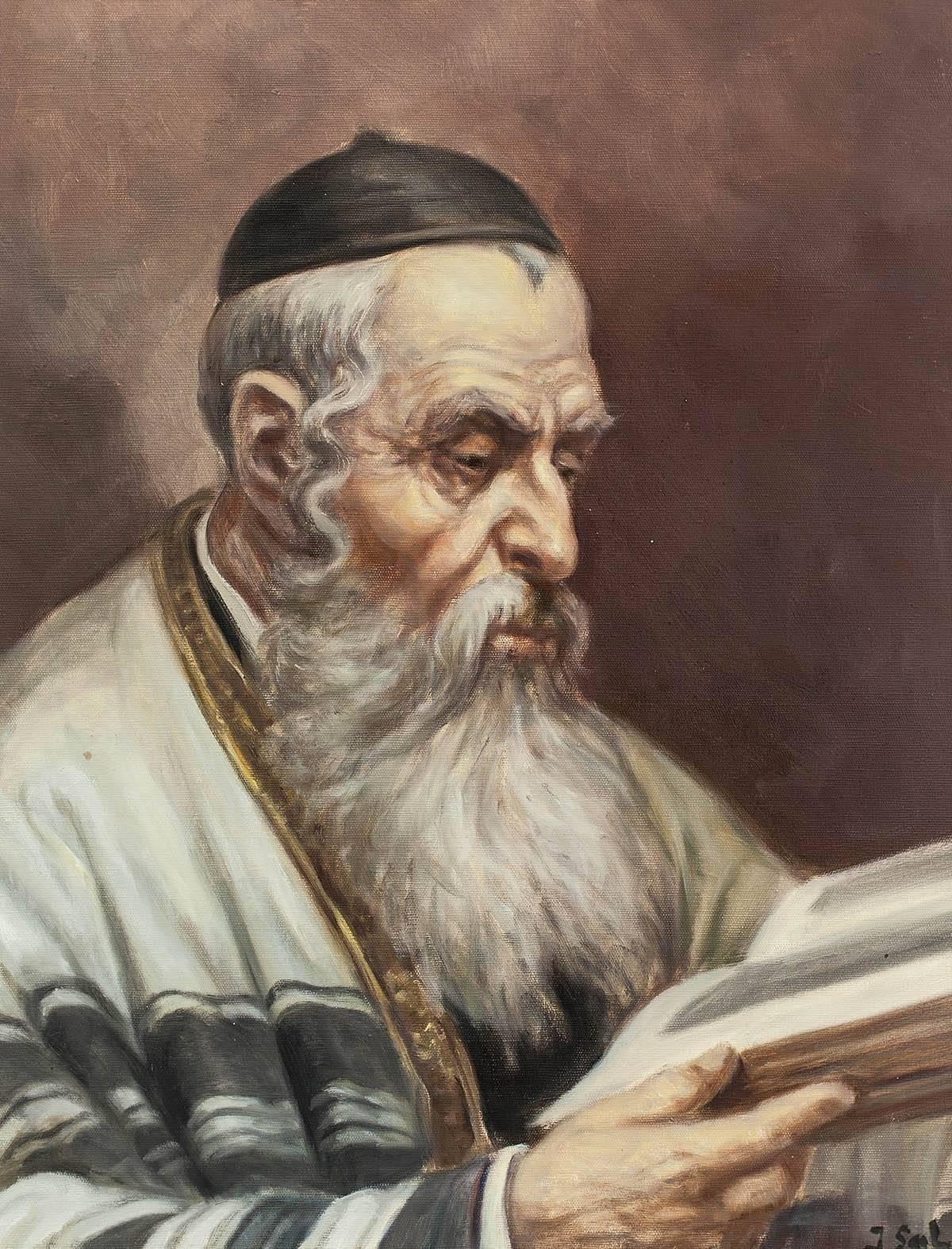 European Hasidic Rabbi Judaica Oil Painting - Beige Figurative Painting by Unknown