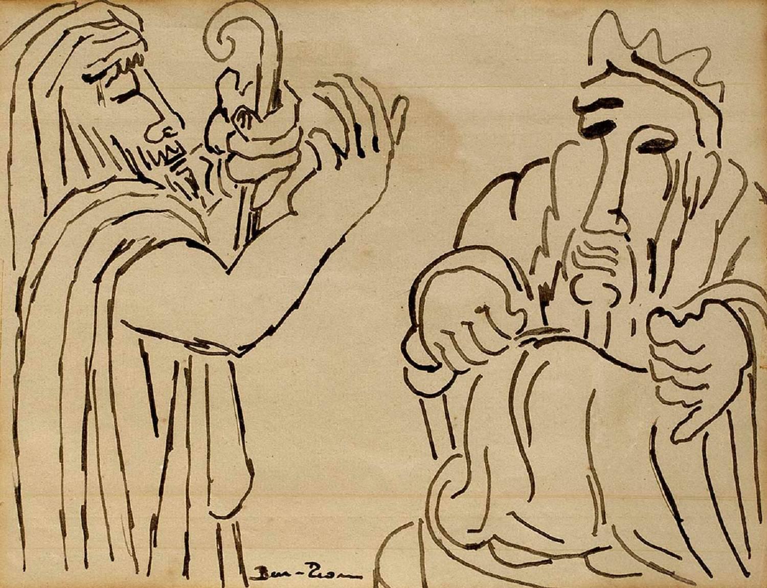 Biblical Scene, (2 Jewish Men) 1930s Modernist Ink Drawing - Art by Ben-Zion Weinman