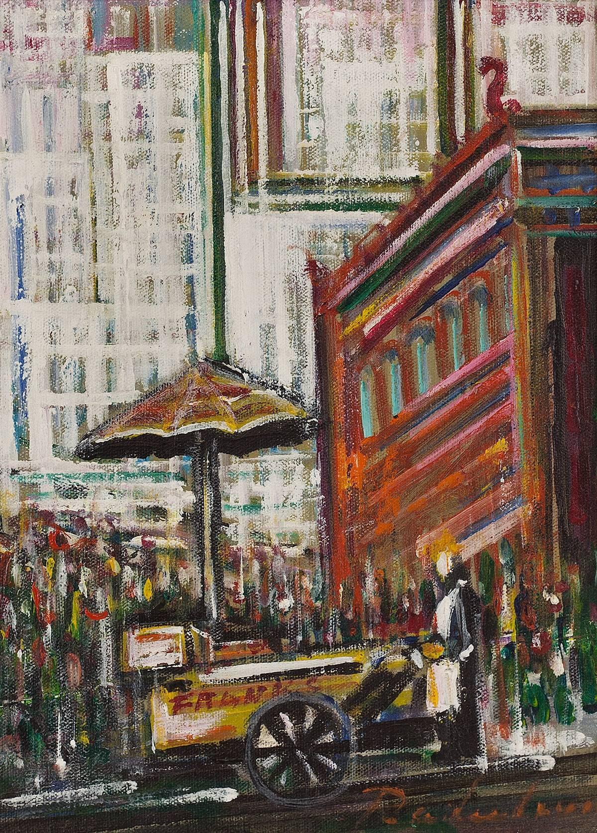 Hot Dog Vendor, Manhattan, NYC Street Scene - Painting by Unknown