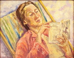 Portrait of Margarete Reading a Book in a Striped Lawnchair