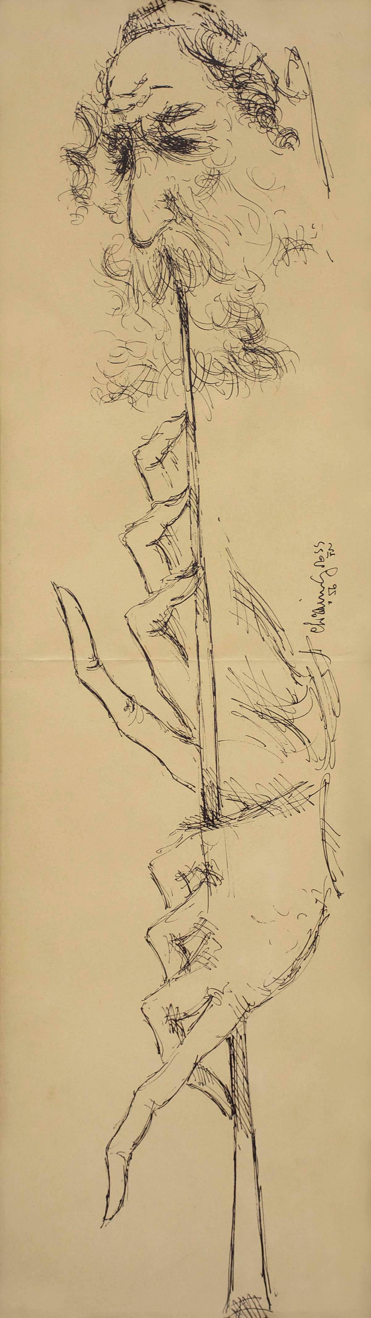 Judaica Drawing, Flute Playing Klezmer Musician Rabbi - Art by Chaim Gross