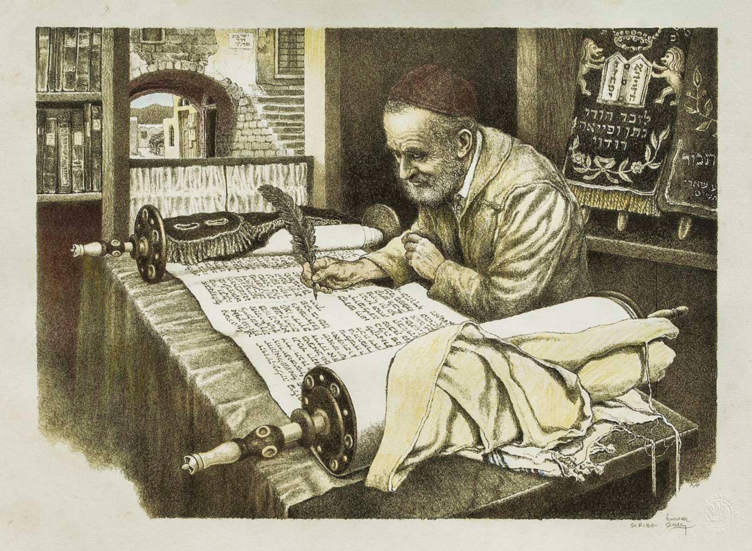 The Scribe, Rabbi Writing A Torah, Judaica Artists Proof - Print by Emanuel Schary