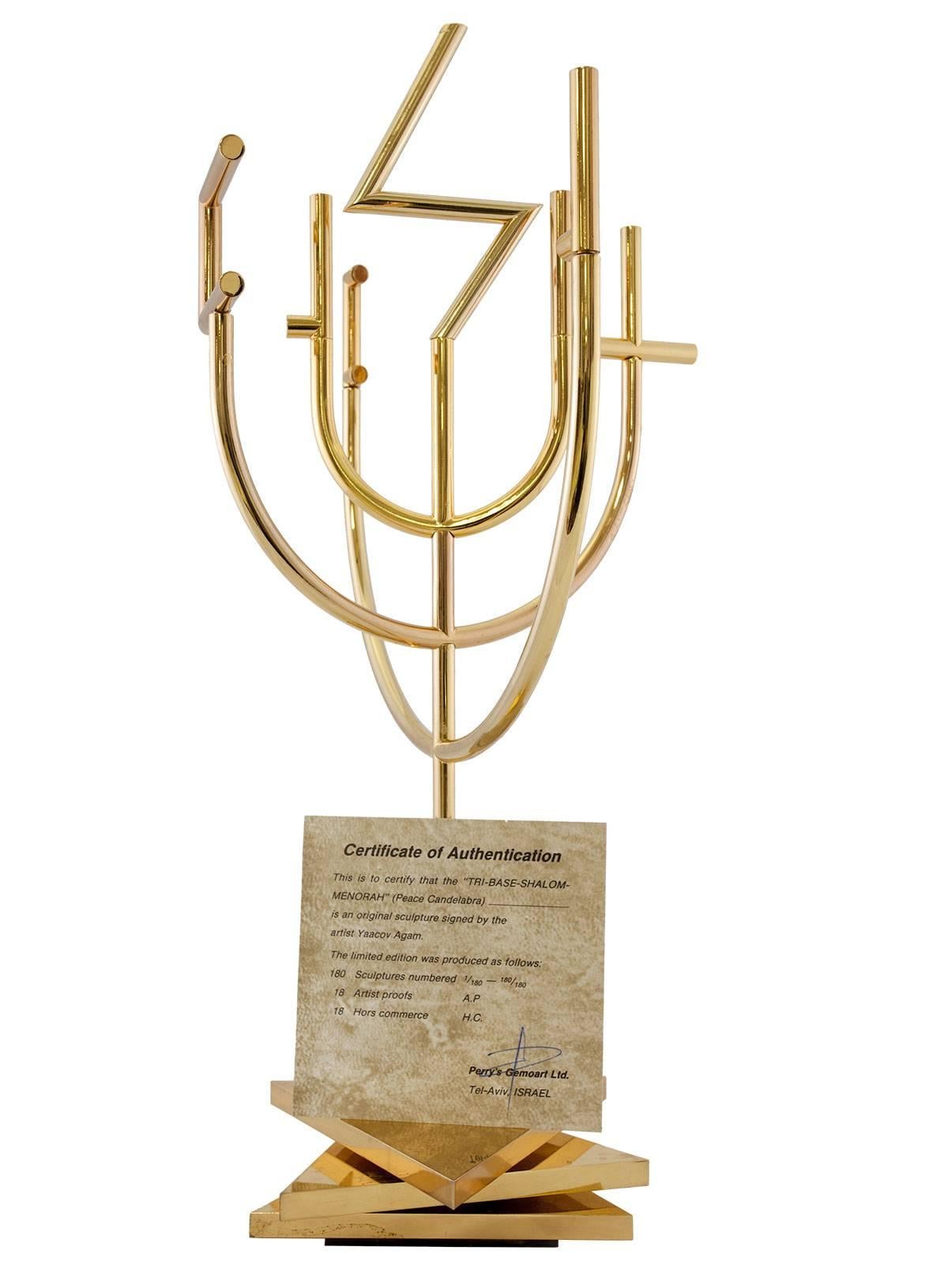 Kinetic Op Art Sculpture Tri Base Shalom Menorah Hebrew Judaica - Gold Abstract Sculpture by Yaacov Agam